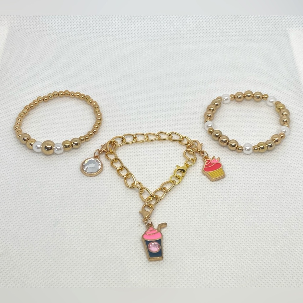 Girls Set Of Gold & Pearl Stretch Bracelets and Charm Bracelet